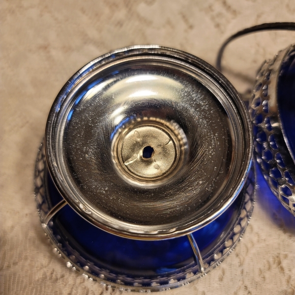 VTG Cobalt Blue Chromium Plated Sugar & Creamer with Glass Insert & Spoon - Picture 7 of 11